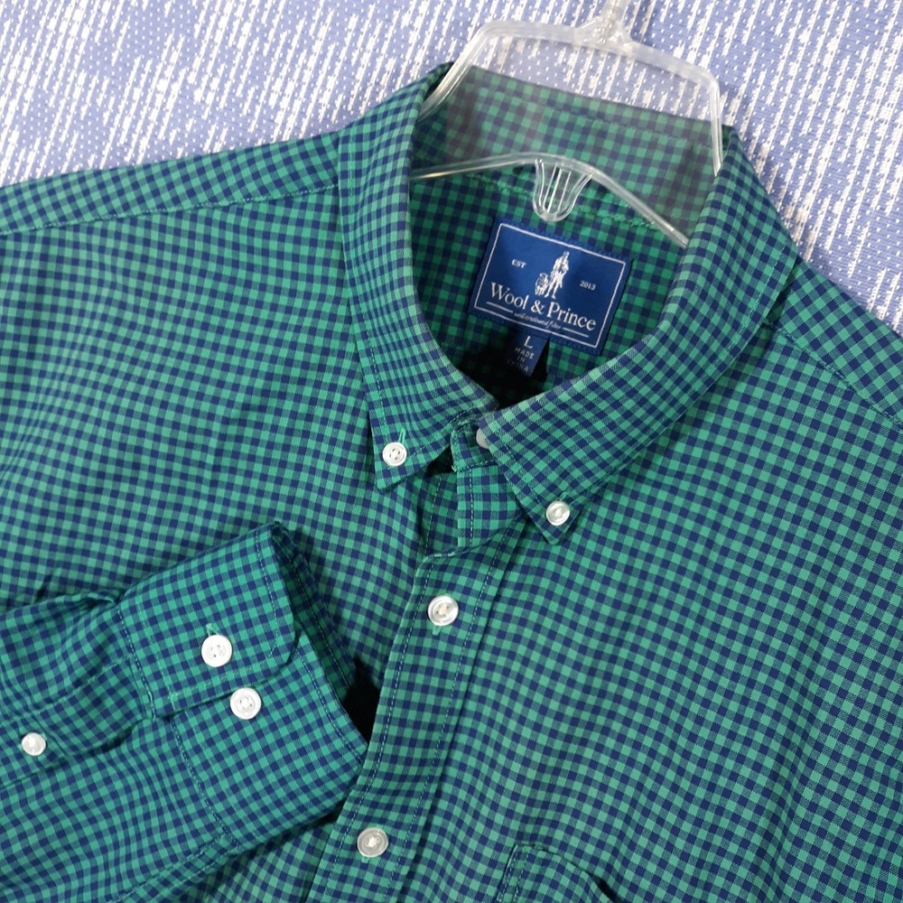 Wool & Prince Worsted Wool Shirt Mens Large Green Blue Button Down